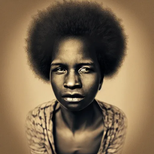 Image similar to photo of an afro woman in the style of lee jeffries