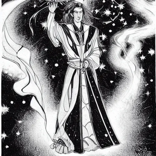 Image similar to black and white pen and ink!!!!!!! Young Guy Madison wearing cosmic space robes made of stars final form flowing royal!!! mage hair golden!!!! Vagabond!!!!!!!! floating magic swordsman!!!! glides through a beautiful!!!!!!! Camellia!!!! Tsubaki!!! death-flower!!!! battlefield behind!!!! dramatic esoteric!!!!!! Long hair flowing dancing illustrated in high detail!!!!!!!! by Moebius and Hiroya Oku!!!!!!!!! graphic novel published on 2049 award winning!!!! full body portrait!!!!! action exposition manga panel black and white Shonen Jump issue by David Lynch eraserhead and beautiful line art Hirohiko Araki!! Rossetti, Millais, Mucha, Kentaro Miura, Jojo's Bizzare Adventure!!