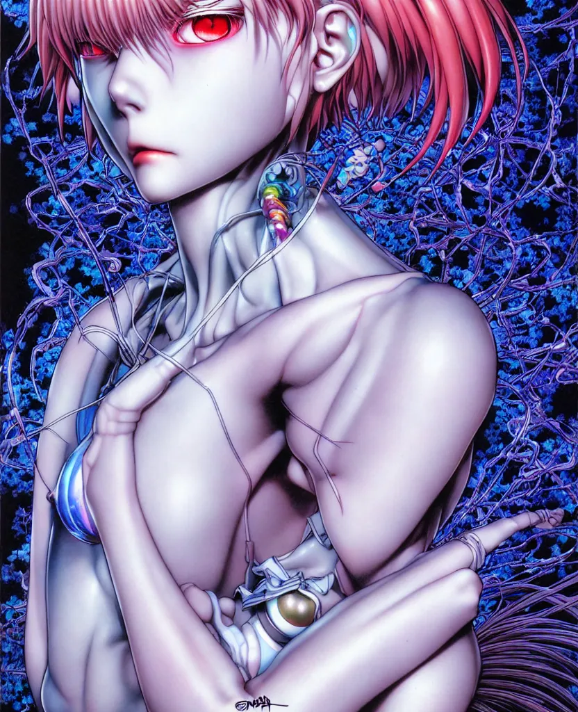 Image similar to realistic detailed image of ultra mega rainbow realistic detailed female character rei ayanami symmetrical depth perception masterpiece depth of field action horror gothic vivid colors art by yoshitaka amano by yukito kishiro by yoshiyuki sadamoto by artgerm by hajime sorayama