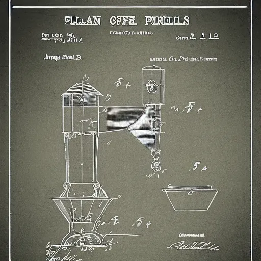 Image similar to plans for a coffee mill as drawn by thomas edison. patent filing. detailed. hd