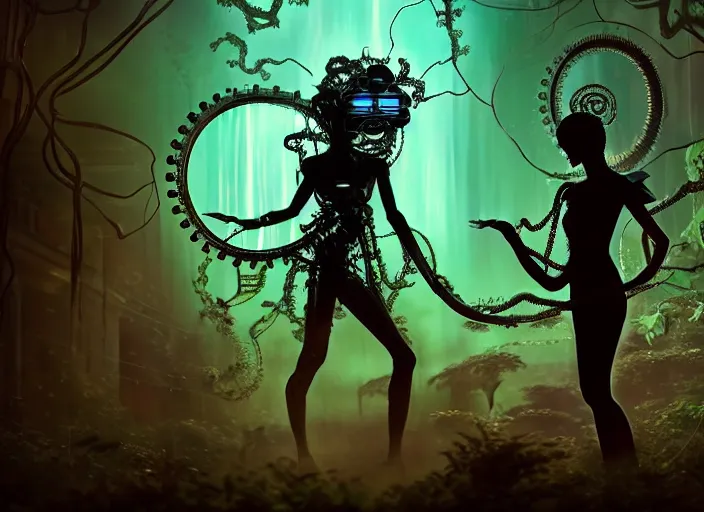 Image similar to silhouette of an intricate mechanical fairy with visible gears having tea with a cyborg gorgon medusa in a magical forest. Very detailed 8k. Fantasy cyberpunk horror. Sharp. Cinematic post-processing