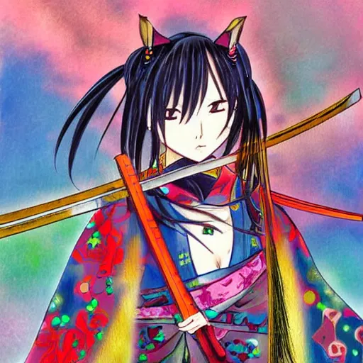 Prompt: anime samurai girl by takehito inoue, colorful