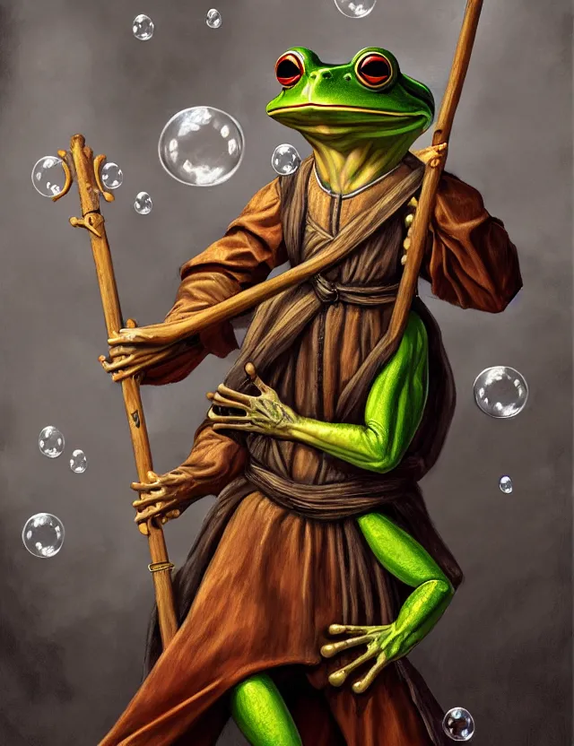 Image similar to anthropomorphic bipedal frog that is dressed as a renaissance fighter, and holding a staff, as a matte oil painting and d & d character art, by alex grey, standing, fullbody, floating bubbles, mystic, fog, fractals, spirals, concept art, award - winning, extremely detailed, sharp focus