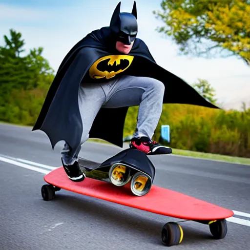 Image similar to batman riding downhill longboard, sliding, photo