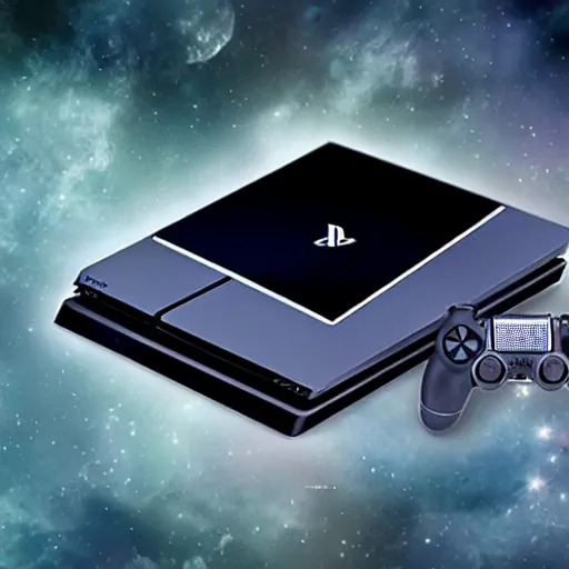 Image similar to a playstation 4 in space wrapped with a ribbon like a present, realistic, detailed, hd photography