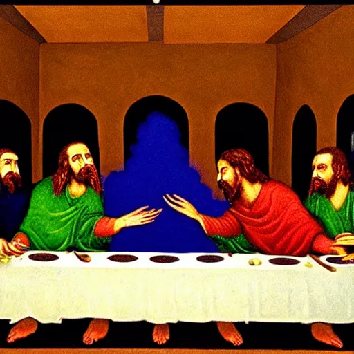 Image similar to The Last Supper, made of colored smoke. colored smoke looks like The Last Supper.