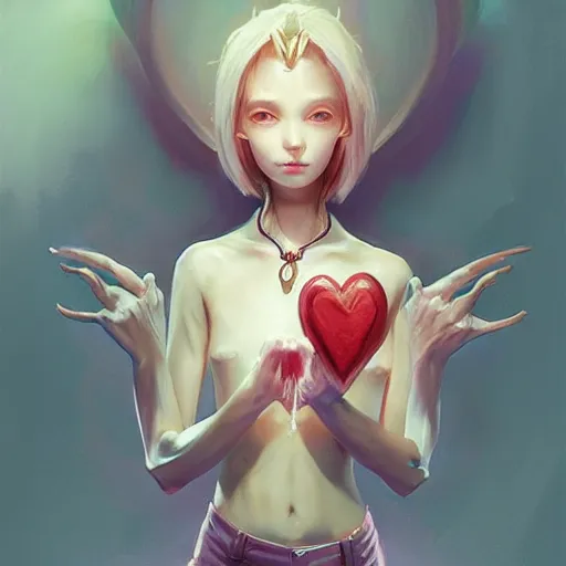 Image similar to A skinny goblin holding a shiny Sacred Heart, by Stanley Artgerm Lau, WLOP, Rossdraws, James Jean, Andrei Riabovitchev, Marc Simonetti, Yoshitaka Amano, ArtStation, CGSociety,