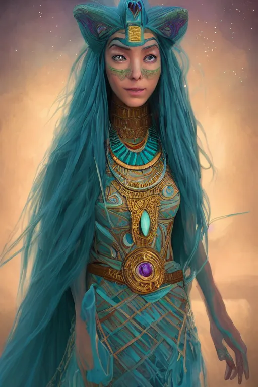 Image similar to beautiful wizard female with teal skin, full body shot, hair made of algae, egyptian clothing, with a wooden stuff, d & d, fantasy, intricate, elegant, highly detailed, digital painting, artstation, concept art, matte, sharp focus, illustration, hearthstone, art by artgerm and greg rutkowski and alphonse mucha