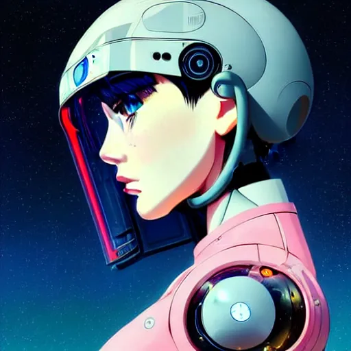 Image similar to side portrait scifi cyborg girl with robotic parts and spacesuit | | head only in center of image, audrey plaza, fine detail!! anime!! realistic shaded lighting!! poster by ilya kuvshinov katsuhiro otomo ghost - in - the - shell, magali villeneuve, artgerm, jeremy lipkin and michael garmash and rob rey