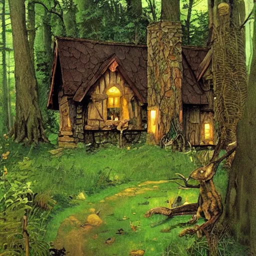 Image similar to witch cottage in the forest, lush forest art by norman rockwell, wide angle