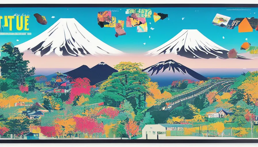 Image similar to award winning graphic design poster, cutouts constructing an contemporary art depicting a lone mount fuji and hills, rural splendor, and bullet train, isolated on white, and bountiful crafts, local foods, edgy and eccentric mixed media painting by Leslie David and Lisa Frank for juxtapose magazine