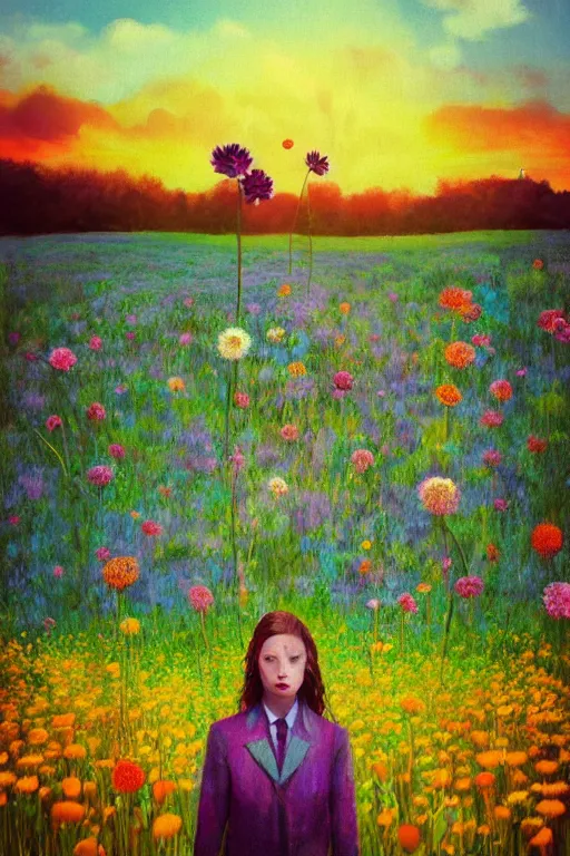 Image similar to closeup, giant flower head, girl in suit standing in a field of flowers, surreal photography, sunrise, blue sky, dramatic light, impressionist painting, digital painting, artstation, simon stalenhag