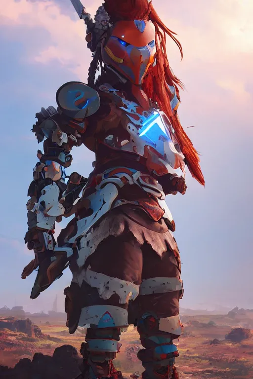 Image similar to combination suit armor aloy horizon forbidden west horizon zero dawn robot ninja mask helmet backpack tribal, aesthetic octane render, 8 k hd resolution, by ilya kuvshinov and cushart krentz and gilleard james radiating a glowing aura cgi rtx 2 0 2 2