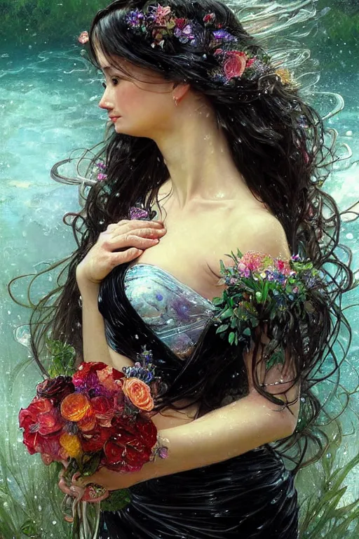 Prompt: portrait of a beautiful woman wearing a black dress, holding a bouquet of flowing flowers, drenched body, wet dripping hair, emerging from the water, fantasy, regal, fractal crystal, fractal gems, by stanley artgerm lau, thomas kindkade, alphonse mucha, loish, norman rockwell