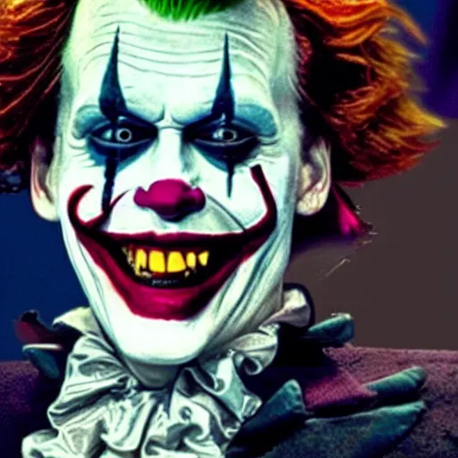 Image similar to Johnny Depp playing The Joker as Pennywise as The Crow