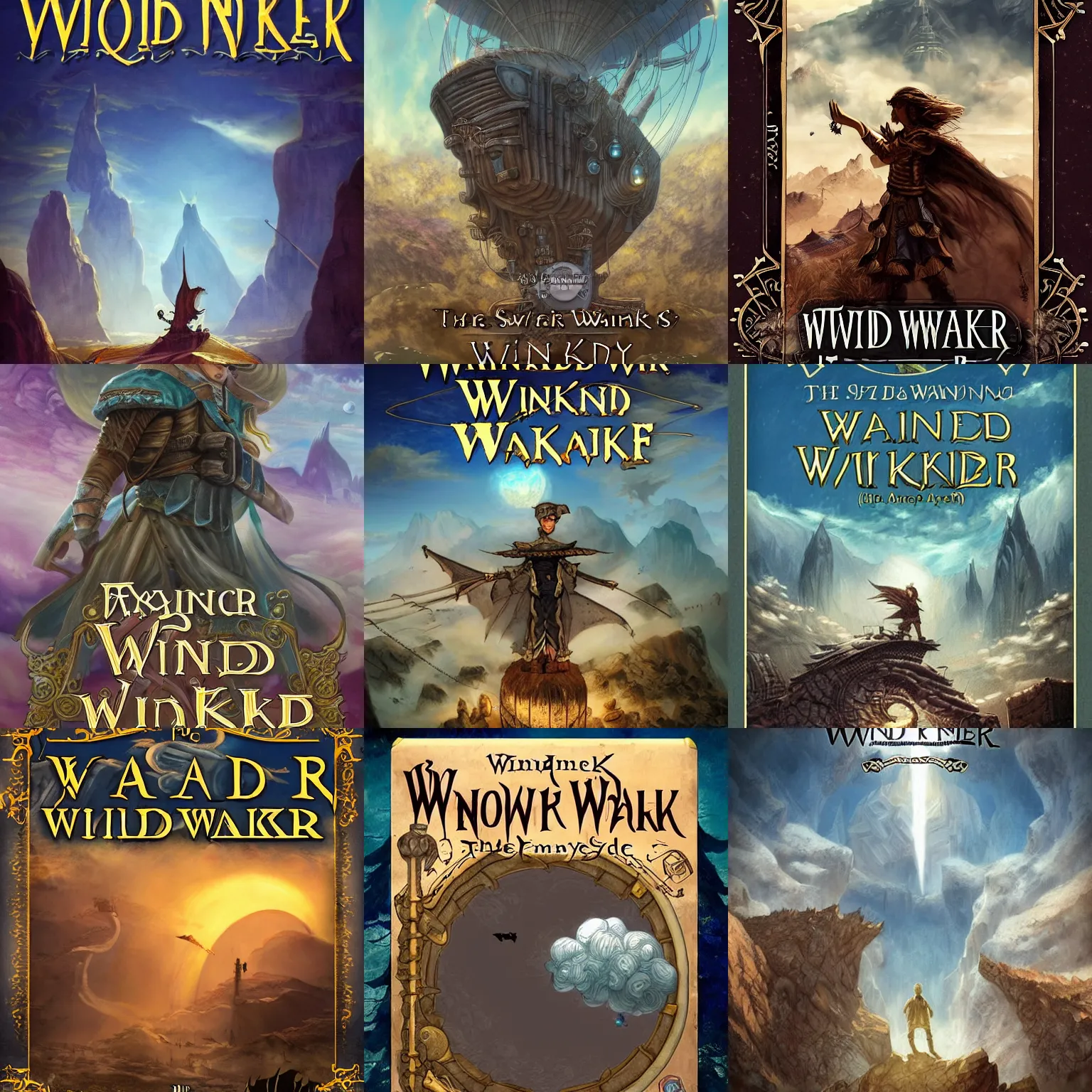 Prompt: Epic fantasy Book cover for The Wind Walker a fantasy adventure with airships, thieves and a steampunk city inside of a crater, no text