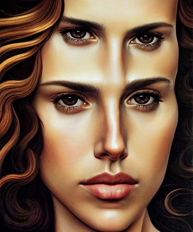 Image similar to half Nathalie portman half jessica alba portrait by Sandro Botticelli, sci-fi, amber eyes, beautiful face, appealing long hair, fantasy, intricate, elegant, highly detailed, digital painting, artstation, concept art, smooth, sharp focus, oil painted illustration by Sandro Botticelli