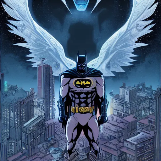 Image similar to the second coming of batman by dan mumford, yusuke murata, makoto shinkai, ross tran, cosmic, heavenly, god rays, intricate detail, cinematic, 8 k, cel shaded, unreal engine, featured on artstation, pixiv