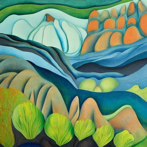 Image similar to detailed painting of a lush natural scene on an alien planet by georgia o'keeffe. beautiful landscape. weird colourful vegetation. cliffs and water.