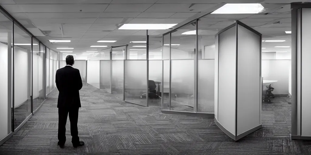 Image similar to a man standing in an office building, cubicles, cinematic, anamorphic lens, atmospheric, cinematography by greig fraser