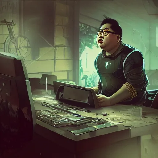 Prompt: an insanely detailed painting of a chubby asian man wearing a homemade superhero costumed, sitting at a computer desk typing on the keyboard, in the style of peter mohrbacher, dramatic lighting and composition, trending on artstation, concept art, comic book, graphic novel