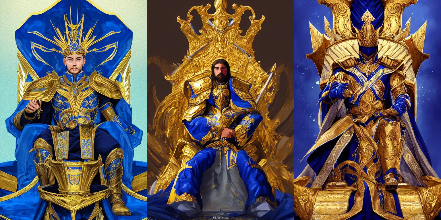 Prompt: Half-length portrait of the azur emperor sitting on its throne. Blue clothing, gold heavy armor. Dramatic, bloom, shadows. High fantasy, digital art, HD, 4k, detailed, illustration, artstation.