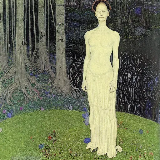 Image similar to Tilda Swinton with beautiful clear defined face and body as a gothic victorian woman clothed in black dress and veil standing in front of a lake near an ominous forest. Junji Ito, Gustav Klimt, Edvard Munch, sharp focus, HR Giger