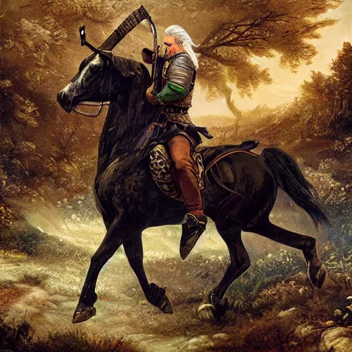 Image similar to geralt of rivia wearing riding a horse through a dark forest, highly detailed, oil painting