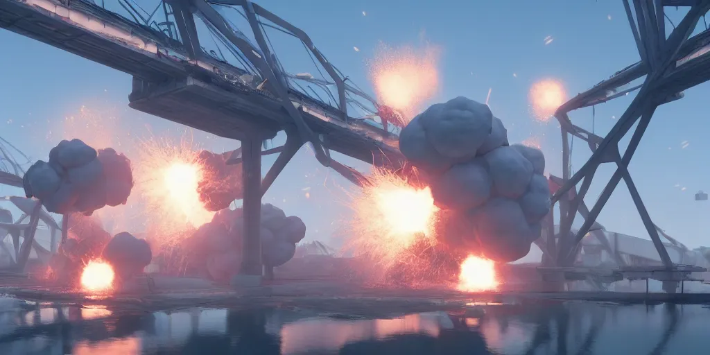 Image similar to explosion on the crimean bridge in the form of cotton plant, team fortress style, 3 d octane remder, epic lighting, 8 k, by goro fujita