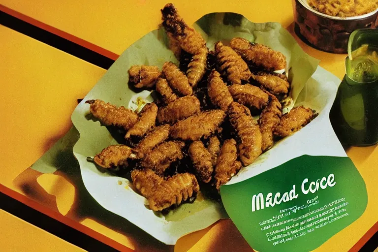 Prompt: mcdonald's fried bees with green spice meal, in 1 9 9 5, y 2 k cybercore, advertisement photo