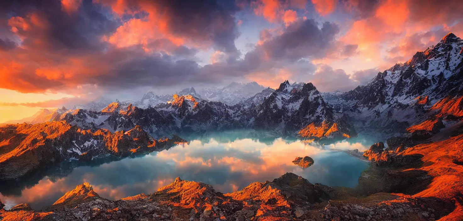 Image similar to amazing landscape photo of mountains with lake in sunset by marc adamus, beautiful dramatic lighting