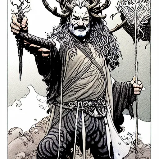 Image similar to a high fantasy portrait of bill murray as a mystical druidic warrior wizard giving the camera the finger by rebecca guay, michael kaluta, charles vess and jean moebius giraud