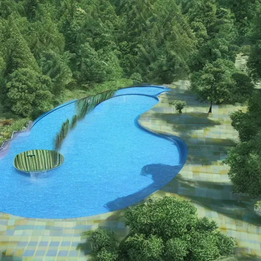 Image similar to abnormally large and complex shaped swimming pool in the middle of the forest, high details, ultra realistic, high fidelity