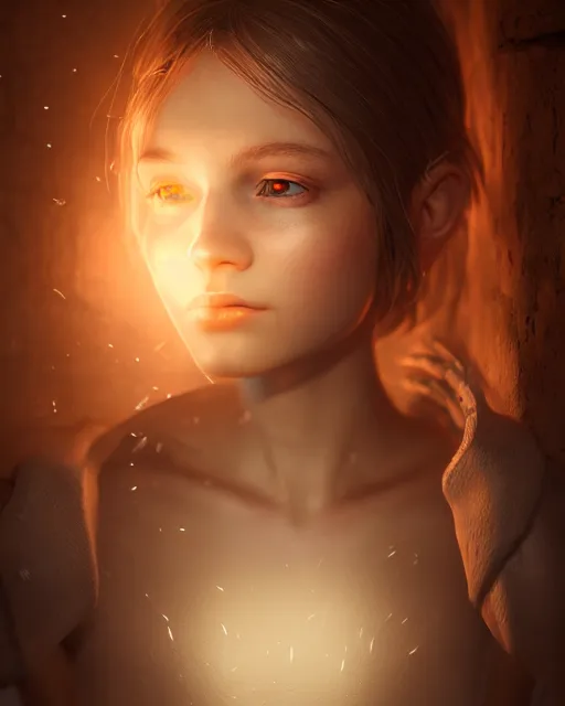 Image similar to Beautiful art portrait of a light elemental girl in a dungeon, atmospheric lighting, intricate detail, cgsociety, hyperrealistic, octane render, RPG portrait, ambient light, dynamic lighting