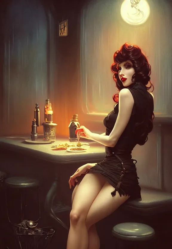 Image similar to Attractive necromancer waitress of a small 50’s style diner, fantasy magic, dark pin-up style hair, dark light night, intricate, elegant, sharp focus, illustration, highly detailed, digital painting, concept art, matte, art by WLOP and Artgerm and Greg Rutkowski and Alphonse Mucha, masterpiece