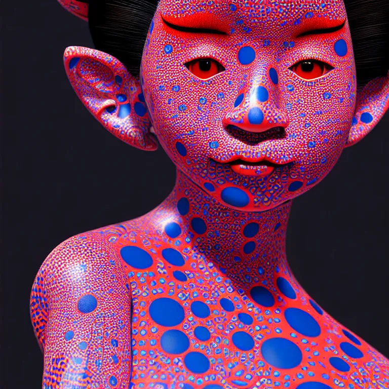 Image similar to hyperrealistic detailed image of a geisha in a art installation room, hd smooth interior by yayoi kusama, part by kei mieno, part by ross tran, dark art by james jean, ultra realistic, highly detailed, life like face, detailed body, 8 k, 3 d render by roger magrini, very cohesive, masterpiece