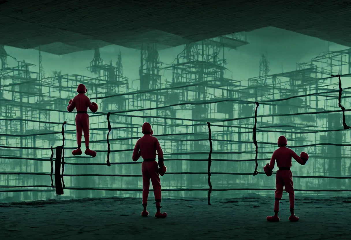 Image similar to amazing detailed symmetry surreal rendering by wes anderson, octane render, volumetric lighting, depth of field, futurisitic boxing ring in a dying utopia, neon radioactive swamp, kobold on stilts with boxing gloves