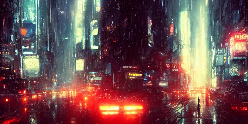 Image similar to bladerunner city, Makoto Shinkai, filmed, flying cars, raining, night, trending on ArtStation, oppressive lighting, trending on artstation, very detailed