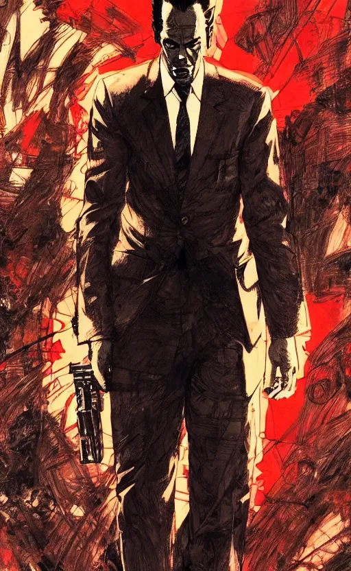 Prompt: full body portrait of nick cave as agent smith, sumi - e lighting style, intricate linework, artstation, trending, highly detailed, smooth, focus, concept art by yoji shinkawa and glenn fabry, lee bermejo, gabriele dell'otto