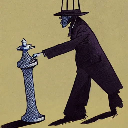 Image similar to an anthropomorphic chess piece dressed in a business suit, by moebius