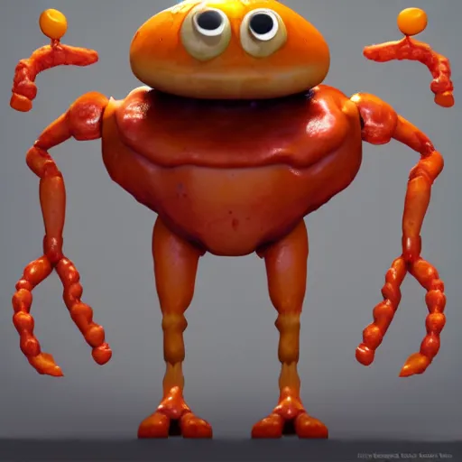 Image similar to a humanoid hamburger character with giant eyeballs and french fry arms legs, concept art painting character design, featured on artstation unreal engine 5, 3 point lighting