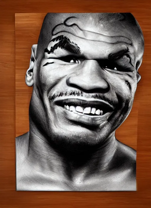 Prompt: a photorealistic portrait of mike tyson's face constructed from chicken cutlets.