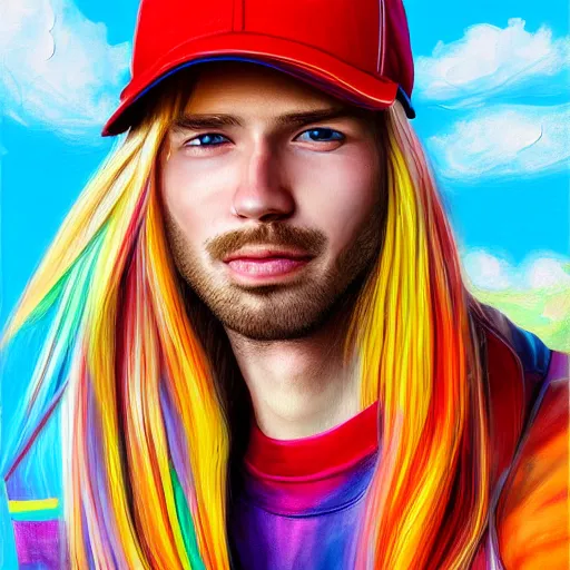 Image similar to colorful painting of a man with long blond hair with a colorful baseball cap for kids, matte painting, trending on art station, ultra - detailed, hq
