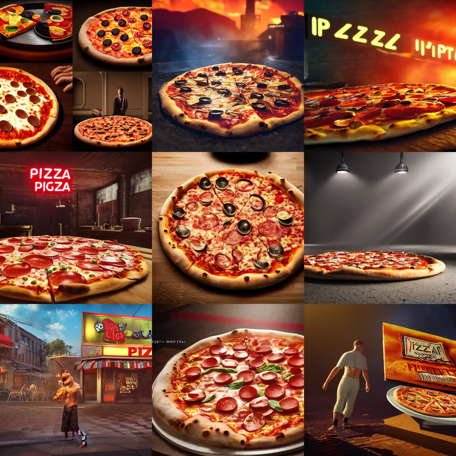 Prompt: pizza God cinematic, volumetric lighting, dramatic ambient lighting, sunlight, shadows, Epic composition. hyper realism, high detail, octane render, unreal engine, 8k, Vibrant colors, Smooth gradients, High contrast, depth of field
