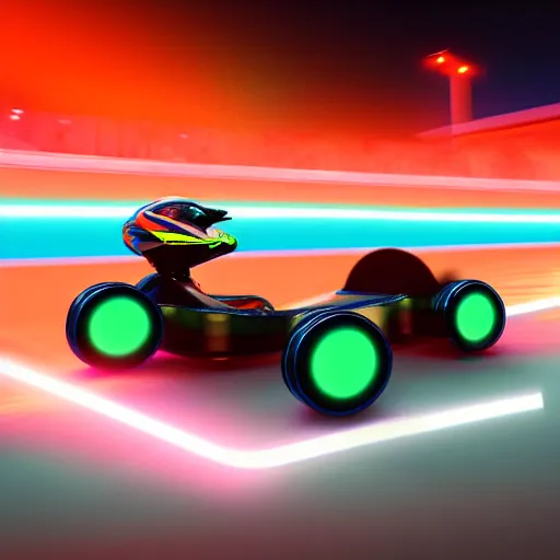 Prompt: go - kart racer taking a corner at speed on a race track, motion blur, laser, smoke, debris, fast movement, artistic angle, light streaks, dark mood, night time, octane render, intricate detail, teal and orange colour palette