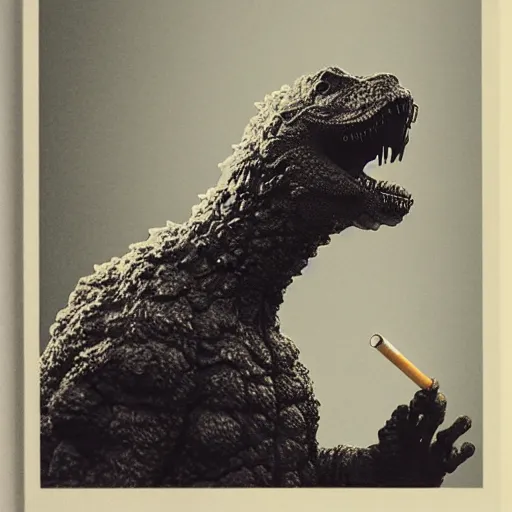 Image similar to anthropomorphic godzilla smoking cigarette, 5 5 mm