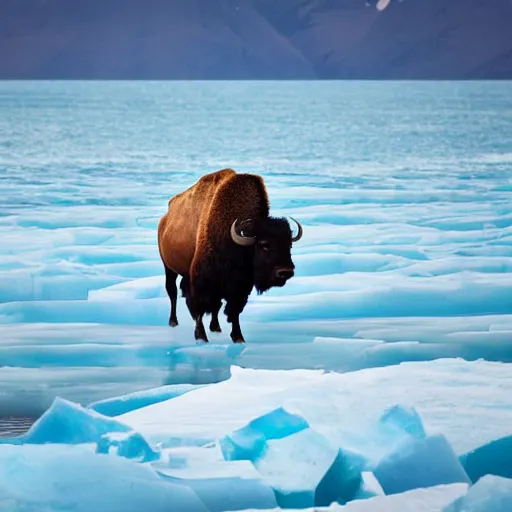 Prompt: photo of a bison on an iceberg in the ocean with peppermint candy sticking out of the sides of the iceberg, 5 0 mm, beautiful photo