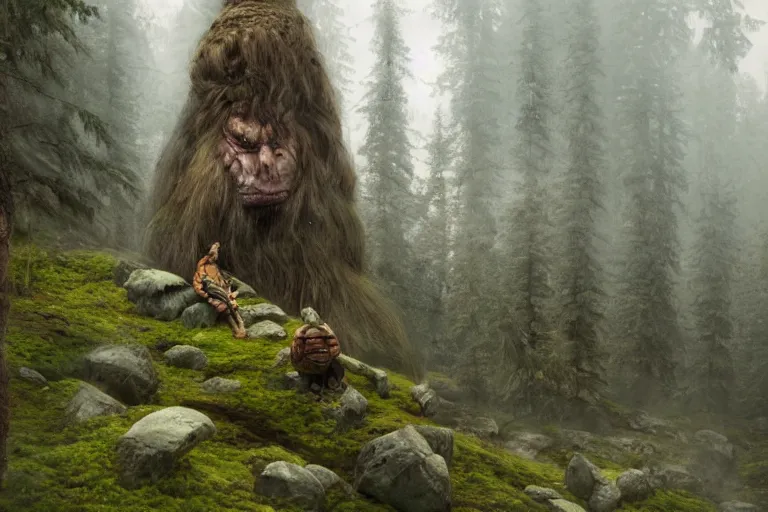 Image similar to huge mountain troll in a swedish forest, very low angle photograph, very detailed, trending on artstation, realistic, soft colors, illustration by john bauer, simon stålenhag