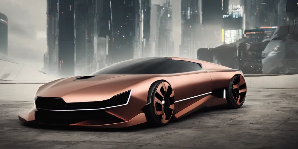 Image similar to a design of a futuristic vehicle, designed by Polestar, cyberpunk 2077 background, brushed rose gold car paint, black windows, dark show room, dramatic lighting, hyper realistic render, depth of field