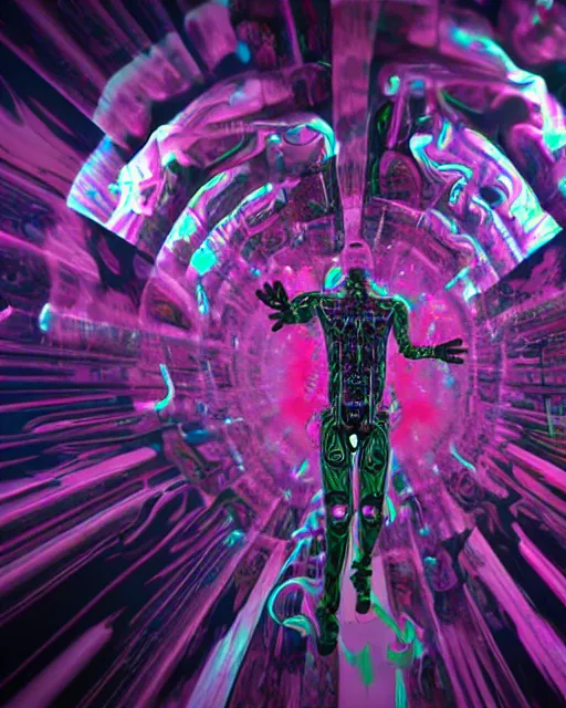 Image similar to psychedelic trip of a cyborg who's escaping death, trippy, lots of hands, 8k, ultra realistic